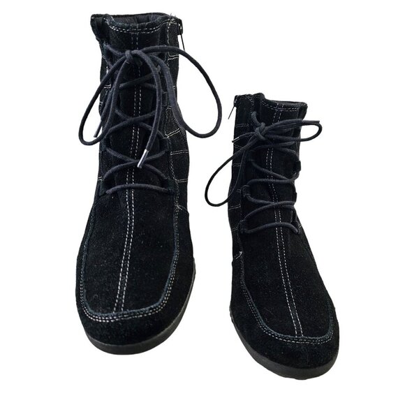 Aerosoles Black Suede Leather Bootie Womens Sz 11 Zip + LaceUp Rubber Wedge Sole - Picture 5 of 9